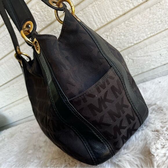 MICHAEL KORS Black Signature Fulton Drawstring Bedford Shoulder Bag Hobo Tote - Picture 8 of 9